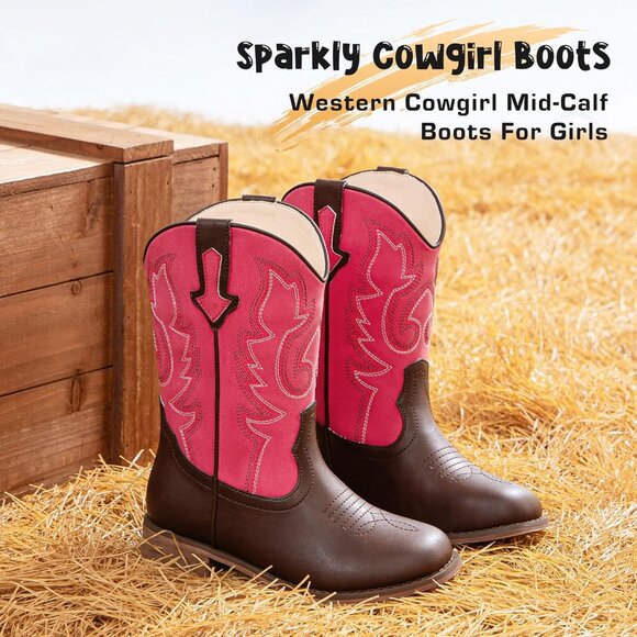 Unisex Child Brown Red Mid Calf Glitter Toddler Cowboy Boot Little Big Kids - Picture 4 of 7